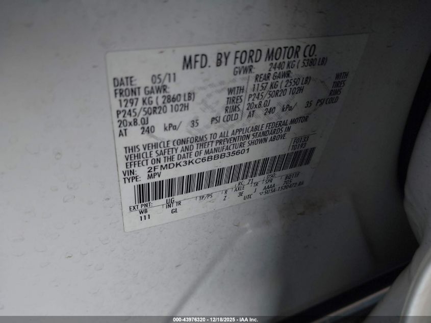 2011 Ford Edge Limited VIN: 2FMDK3KC6BBB35601 Lot: 43976320