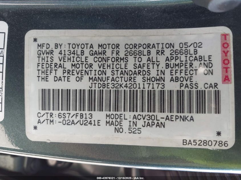 2002 Toyota Camry Le VIN: JTDBE32K420117173 Lot: 43976321