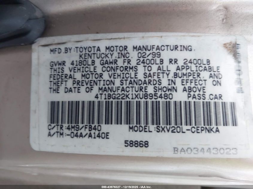 1999 Toyota Camry Le VIN: 4T1BG22K1XU895480 Lot: 43976327