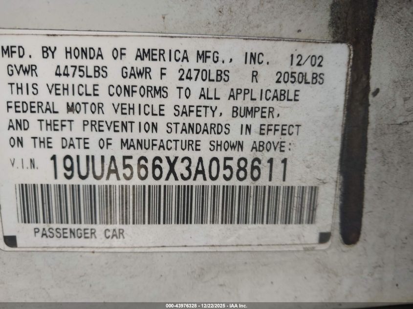 2003 Acura Tl 3.2 VIN: 19UUA566X3A058611 Lot: 43976328