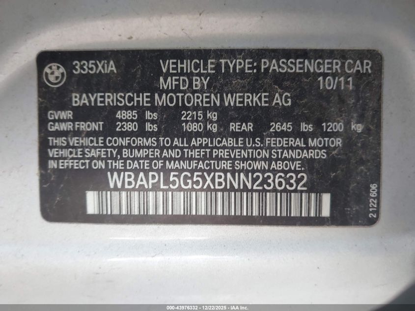 2011 BMW 335I xDrive VIN: WBAPL5G5XBNN23632 Lot: 43976332