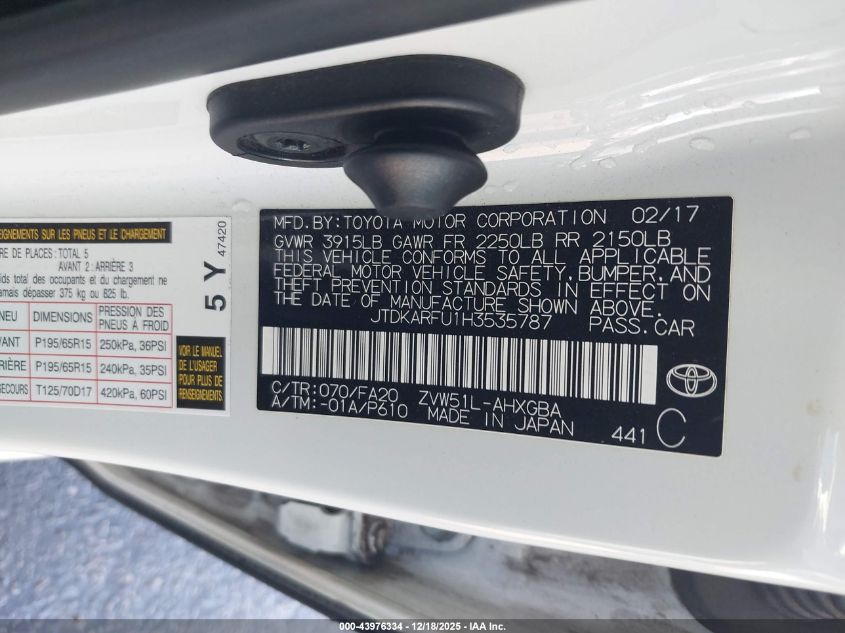 2017 Toyota Prius Three VIN: JTDKARFU1H3535787 Lot: 43976334