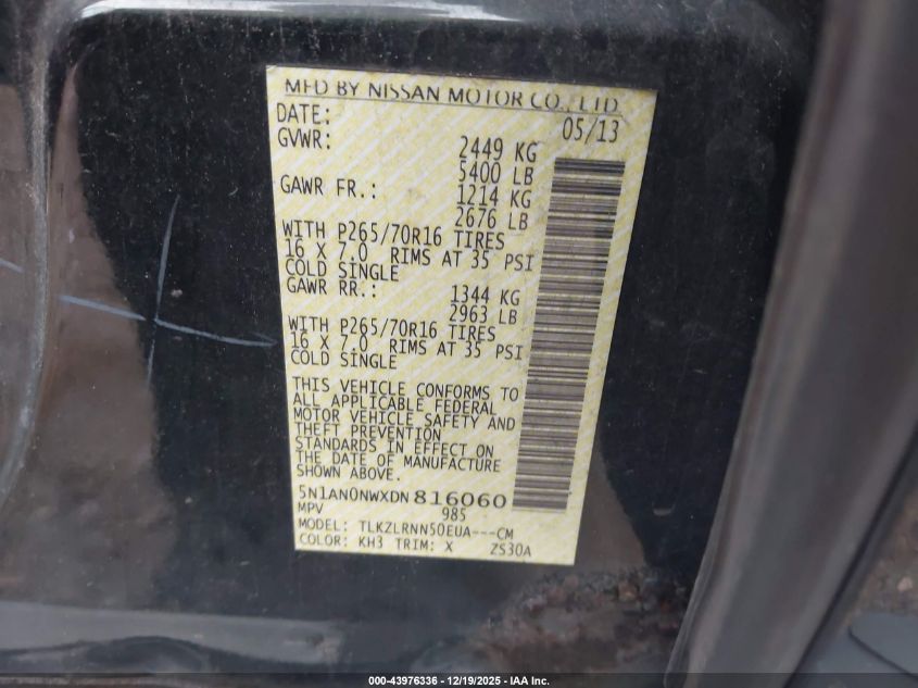 2013 Nissan Xterra S VIN: 5N1AN0NWXDN816060 Lot: 43976336