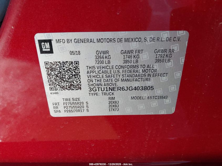 2018 GMC Sierra 1500 Slt VIN: 3GTU1NER6JG403805 Lot: 43976338