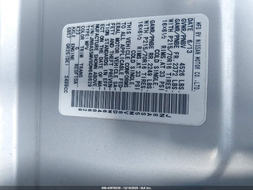 2013 Nissan Rogue S VIN: JN8AS5MV8DW648629 Lot: 43976339