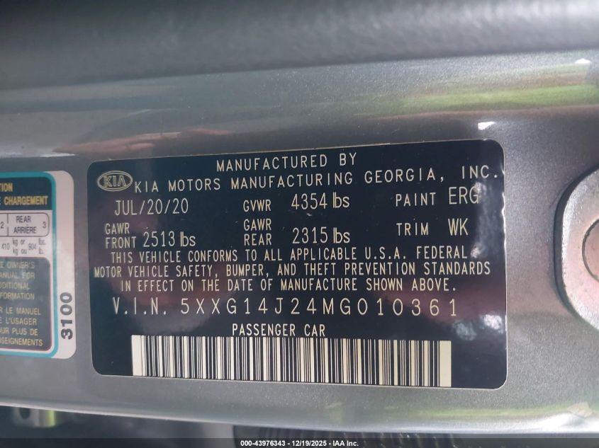 2021 Kia K5 Lxs VIN: 5XXG14J24MG010361 Lot: 43976343