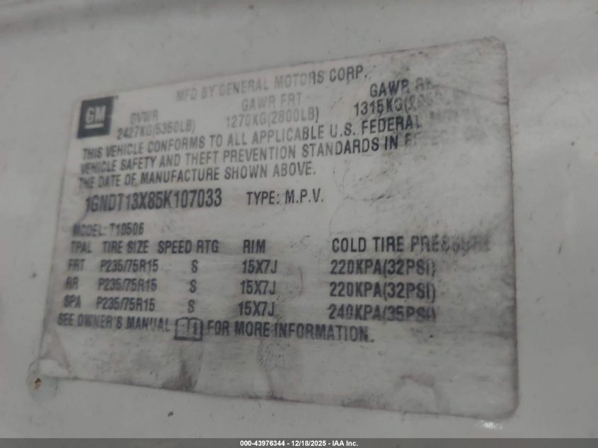 2005 Chevrolet Blazer Ls VIN: 1GNDT13X85K107033 Lot: 43976344