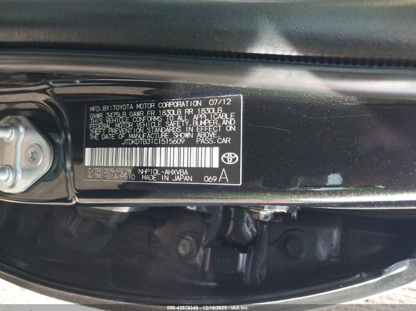 2012 Toyota Prius C VIN: JTDKDTB31C1515509 Lot: 43976348