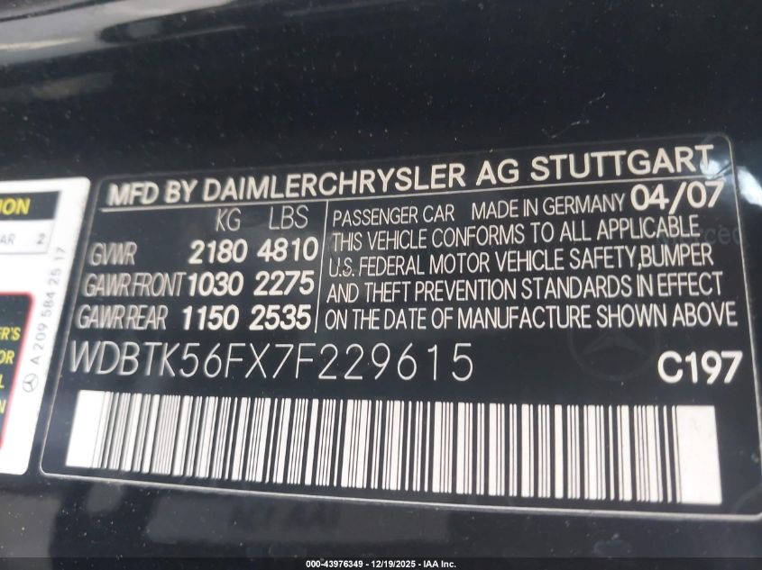 2007 Mercedes-Benz Clk 350 VIN: WDBTK56FX7F229615 Lot: 43976349