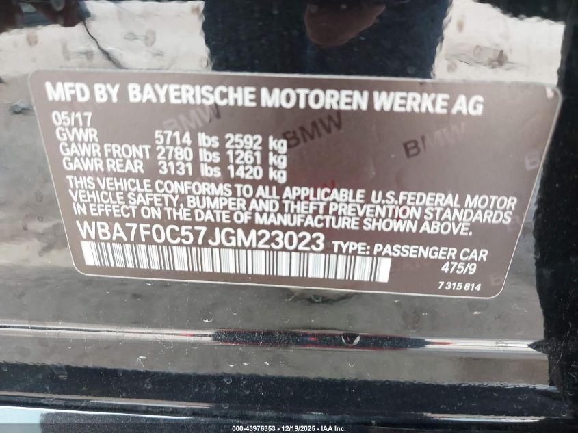2018 BMW 750I VIN: WBA7F0C57JGM23023 Lot: 43976353