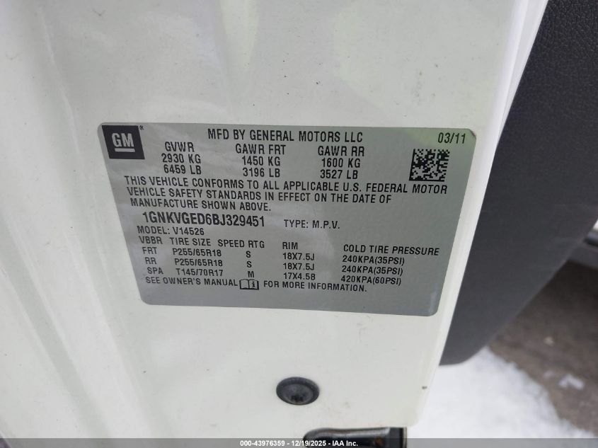2011 Chevrolet Traverse 1Lt VIN: 1GNKVGED6BJ329451 Lot: 43976359