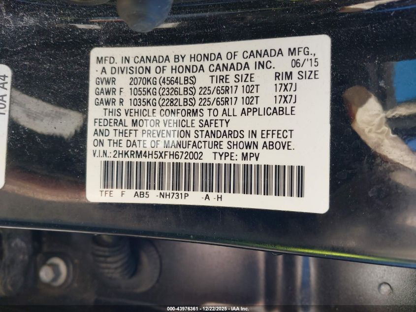 2015 Honda Cr-V Ex VIN: 2HKRM4H5XFH672002 Lot: 43976361