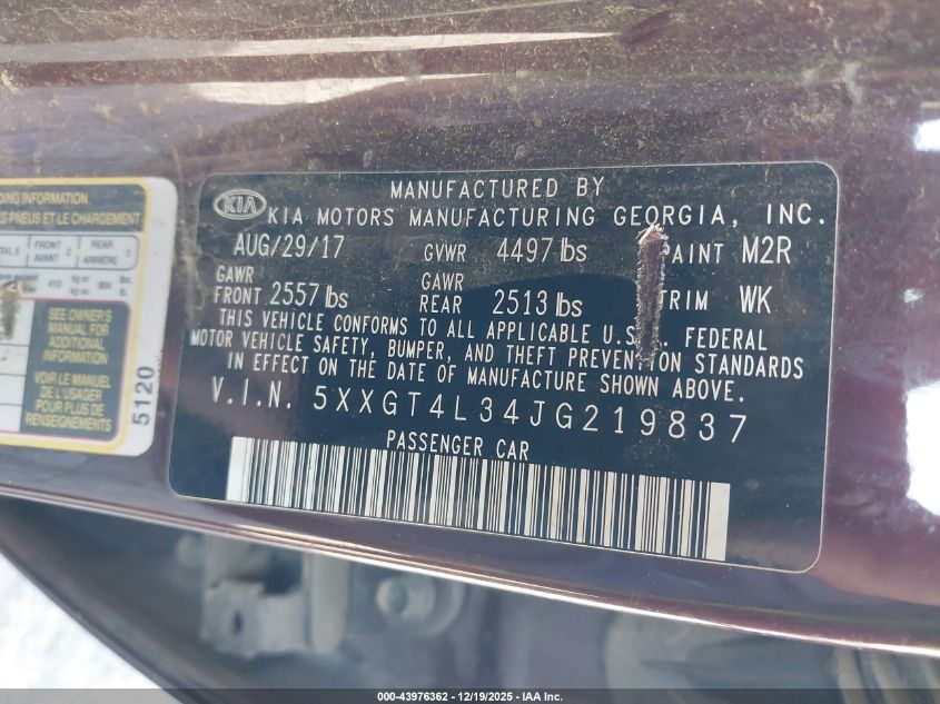 2018 Kia Optima Lx VIN: 5XXGT4L34JG219837 Lot: 43976362