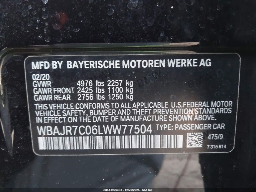2020 BMW 530I xDrive VIN: WBAJR7C06LWW77504 Lot: 43976363