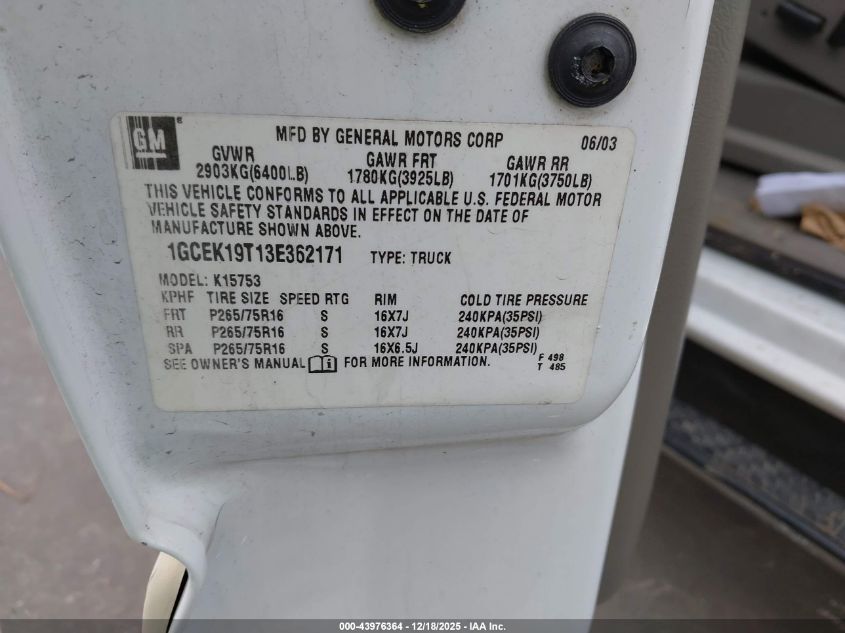 2003 Chevrolet Silverado 1500 Lt VIN: 1GCEK19T13E362171 Lot: 43976364