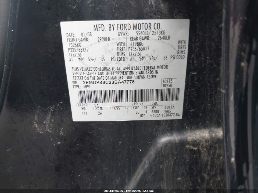 2008 Ford Edge Sel VIN: 2FMDK48C28BA47778 Lot: 43976366