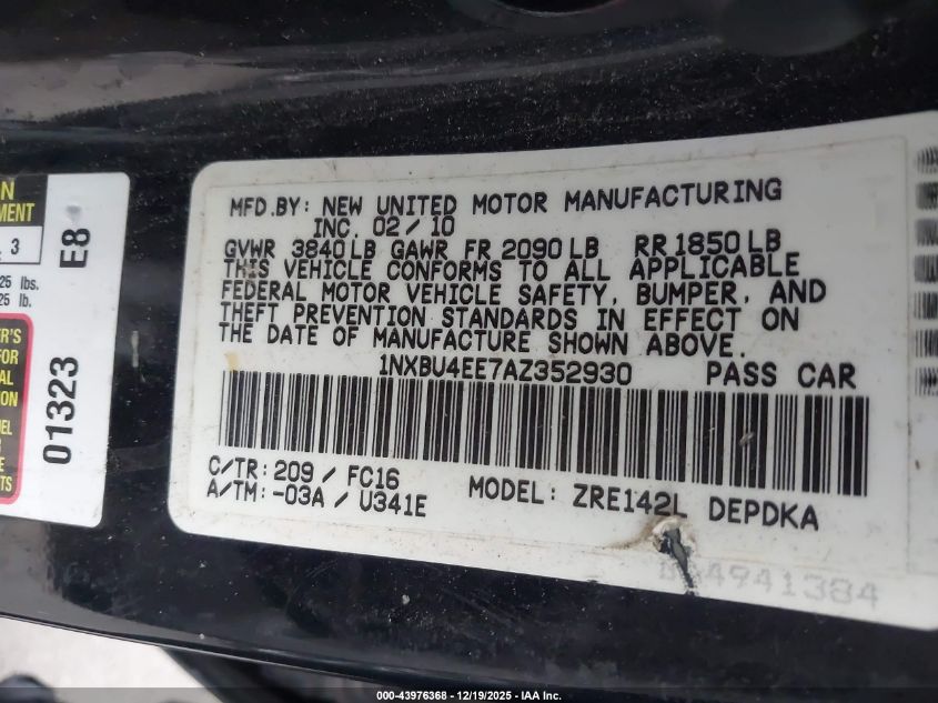 2010 Toyota Corolla Le VIN: 1NXBU4EE7AZ352930 Lot: 43976368