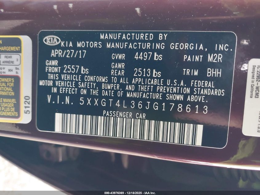 2018 Kia Optima Lx VIN: 5XXGT4L36JG178613 Lot: 43976369