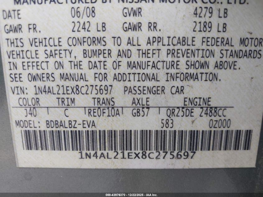 2008 Nissan Altima 2.5 S VIN: 1N4AL21EX8C275697 Lot: 43976370