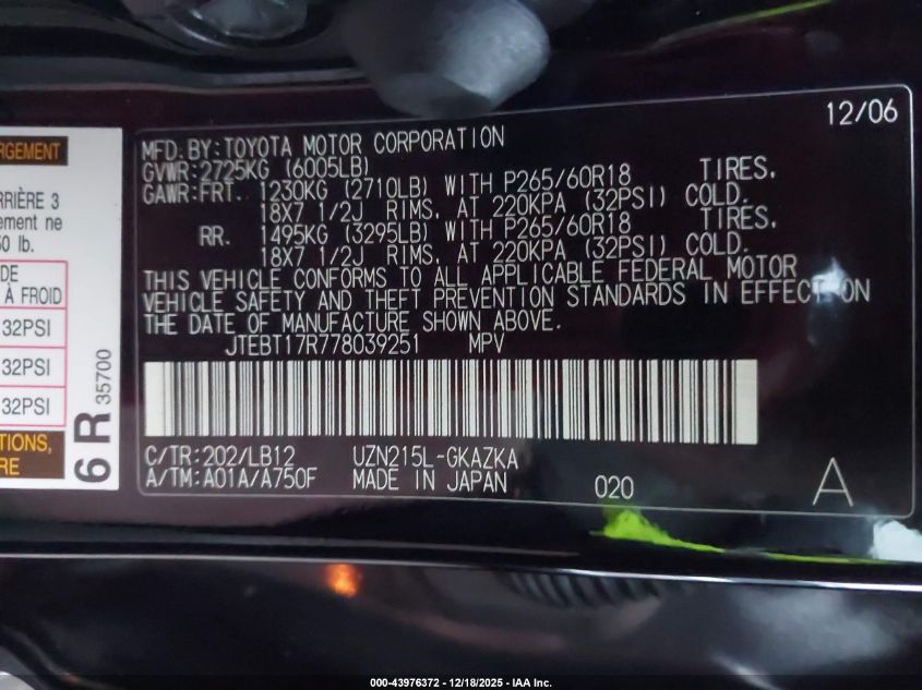 2007 Toyota 4Runner Limited V8 VIN: JTEBT17R778039251 Lot: 43976372