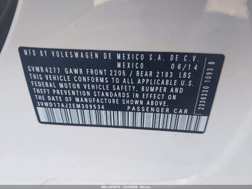 2014 Volkswagen Jetta 1.8T Se VIN: 3VWD17AJ2EM309534 Lot: 43976376