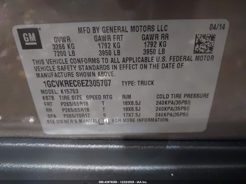 2014 Chevrolet Silverado 1500 1Lt VIN: 1GCVKREC6EZ305707 Lot: 43976380