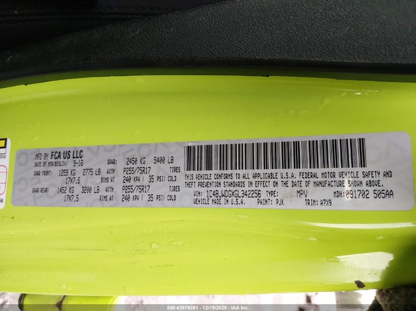 2016 Jeep Wrangler Unlimited Sport VIN: 1C4BJWDGXGL342256 Lot: 43976381