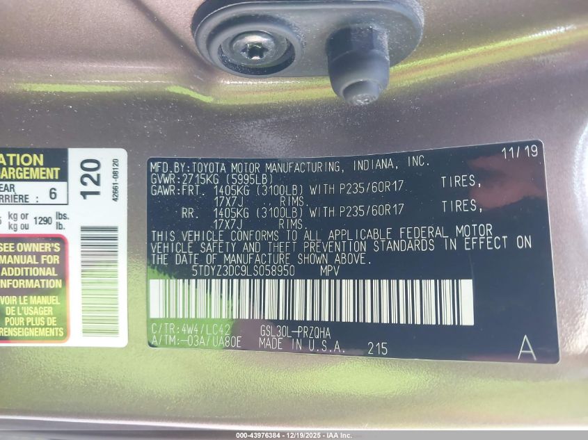 2020 Toyota Sienna Xle VIN: 5TDYZ3DC9LS058950 Lot: 43976384