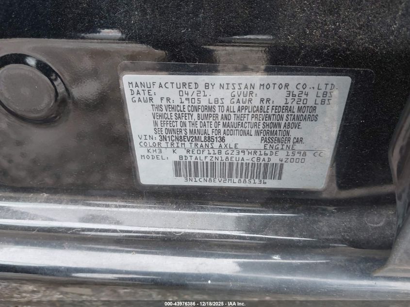 2021 Nissan Versa Sv Xtronic Cvt VIN: 3N1CN8EV2ML885136 Lot: 43976386