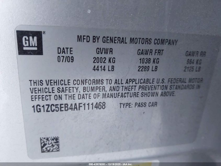 2010 Chevrolet Malibu Lt VIN: 1G1ZC5EB4AF111468 Lot: 43976391