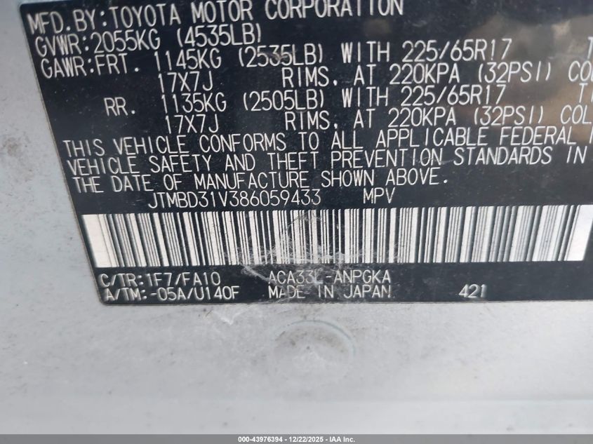 2008 Toyota Rav4 Limited VIN: JTMBD31V386059433 Lot: 43976394