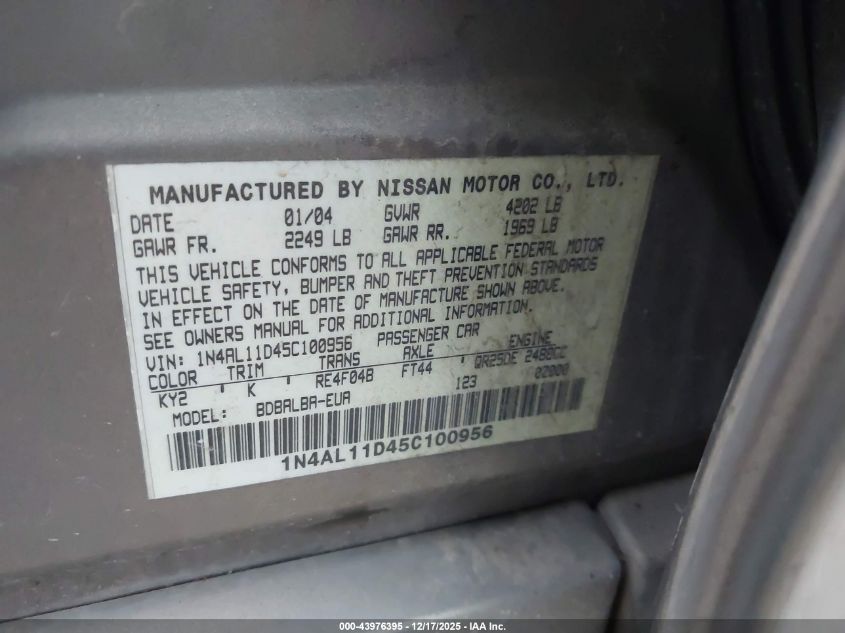 2005 Nissan Altima 2.5 S VIN: 1N4AL11D45C100956 Lot: 43976395