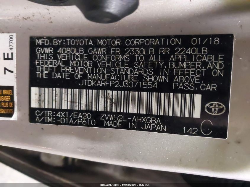 2018 Toyota Prius Prime Premium VIN: JTDKARFP2J3071554 Lot: 43976396