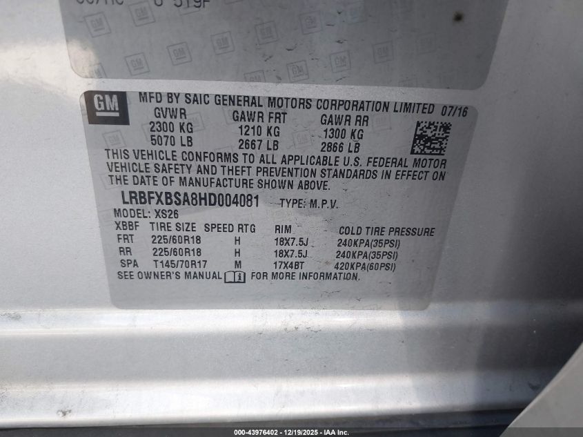 2017 Buick Envision Essence VIN: LRBFXBSA8HD004081 Lot: 43976402