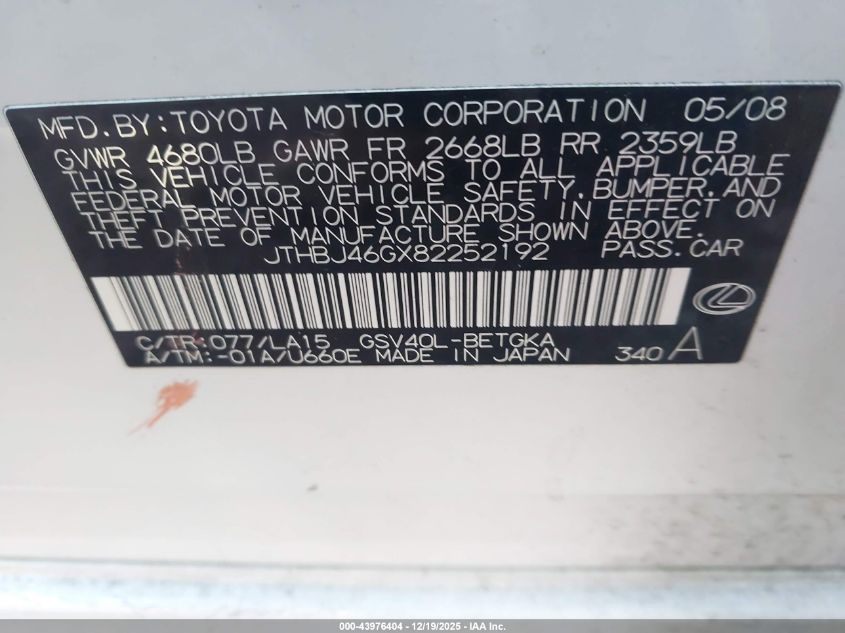 2008 Lexus Es 350 VIN: JTHBJ46GX82252192 Lot: 43976404