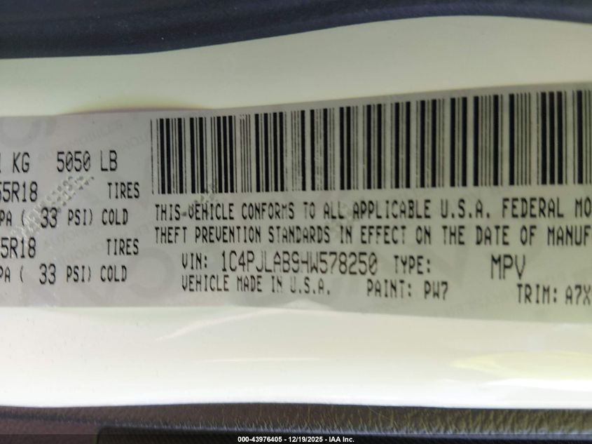 2017 Jeep Cherokee Altitude Fwd VIN: 1C4PJLAB9HW578250 Lot: 43976405