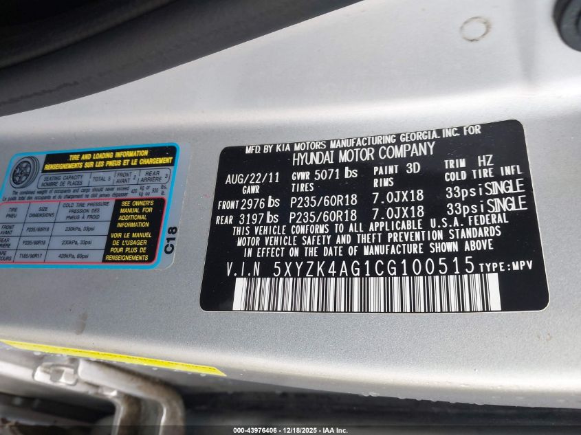 2012 Hyundai Santa Fe Limited V6 VIN: 5XYZK4AG1CG100515 Lot: 43976406