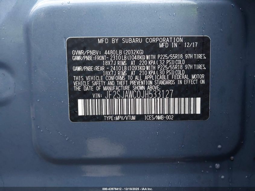 2018 Subaru Forester 2.5I Touring VIN: JF2SJAWC0JH533127 Lot: 43976412