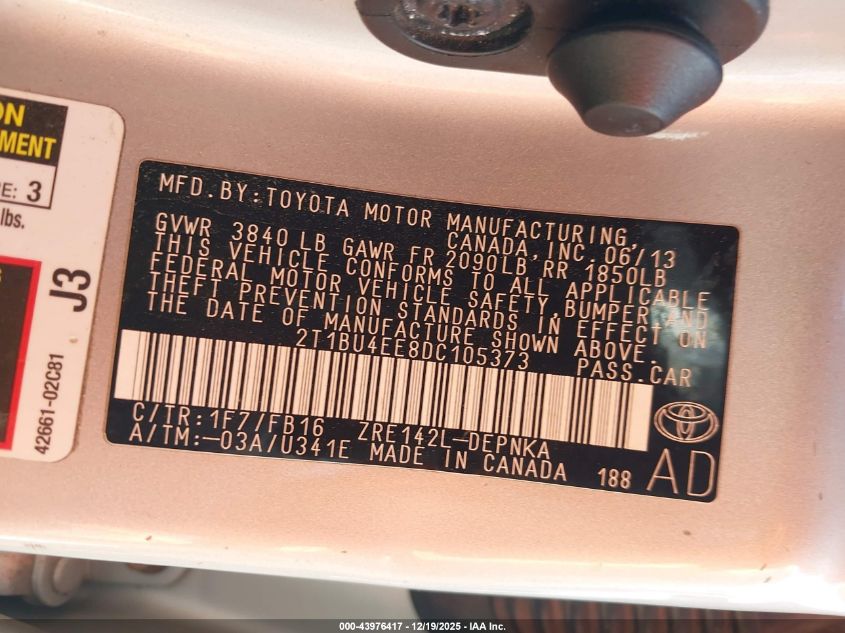 2013 Toyota Corolla Le VIN: 2T1BU4EE8DC105373 Lot: 43976417