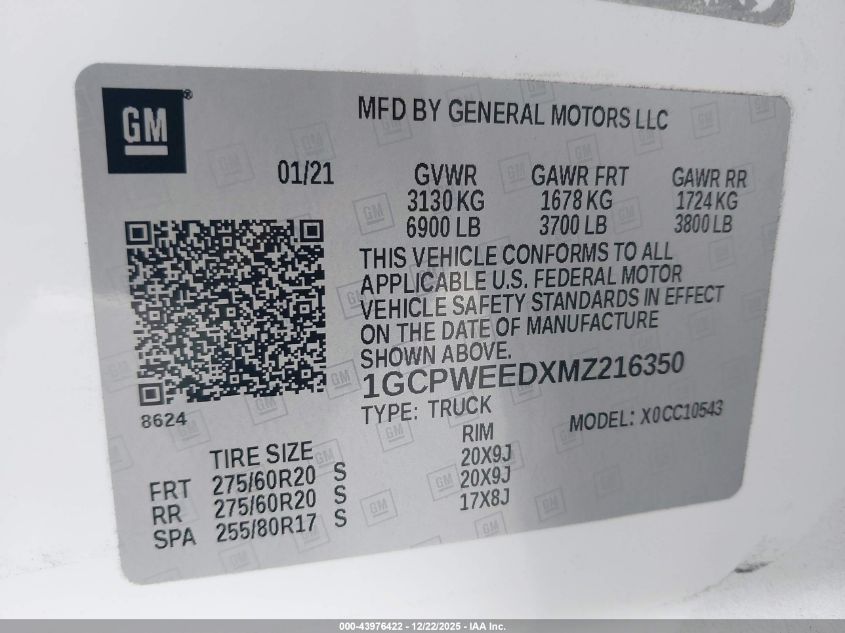 2021 Chevrolet Silverado 1500 2Wd Short Bed Ltz VIN: 1GCPWEEDXMZ216350 Lot: 43976422