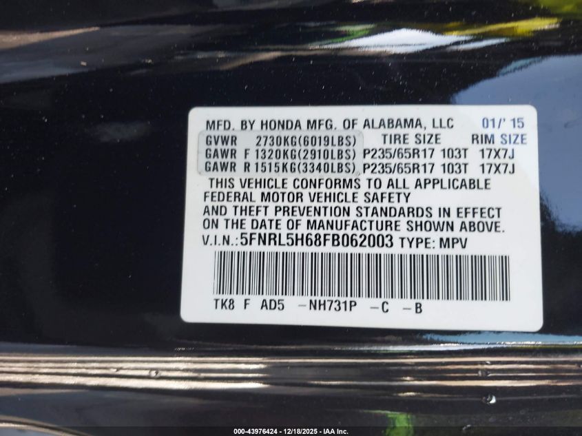 2015 Honda Odyssey Ex-L VIN: 5FNRL5H68FB062003 Lot: 43976424