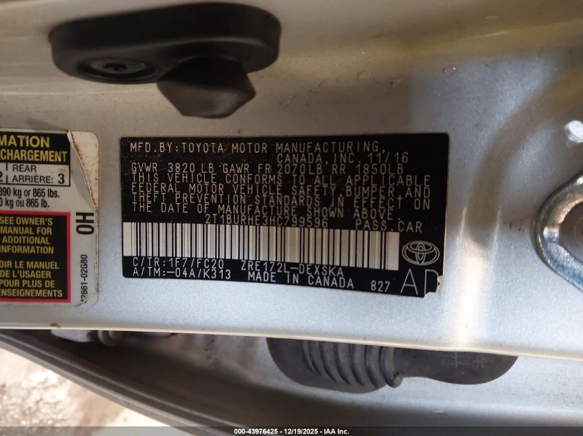 2017 Toyota Corolla Se VIN: 2T1BURHE3HC799596 Lot: 43976425