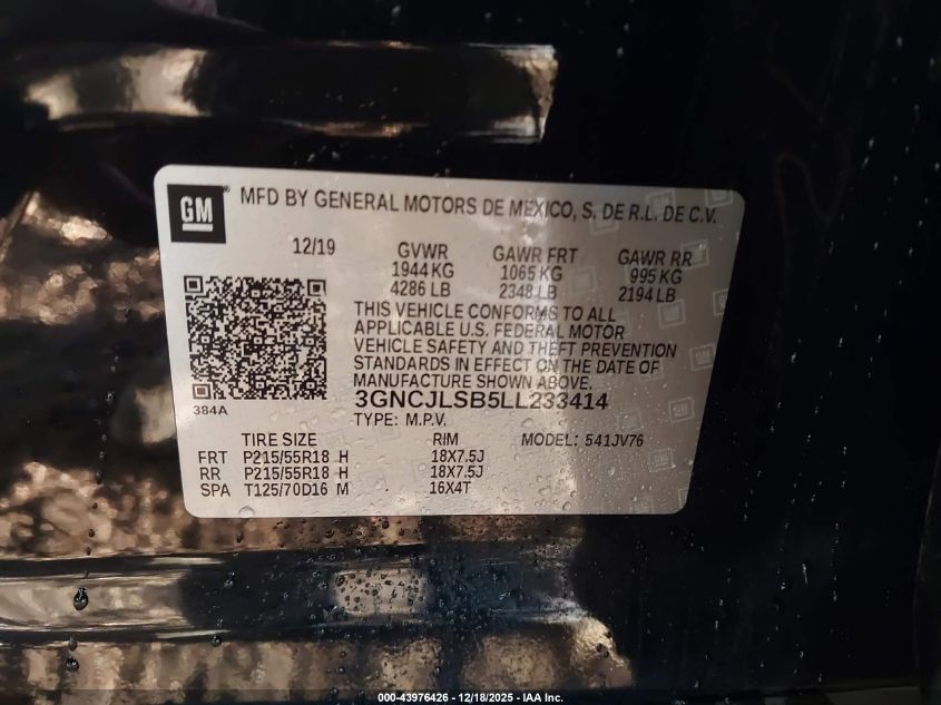 2020 Chevrolet Trax Fwd Lt VIN: 3GNCJLSB5LL233414 Lot: 43976426