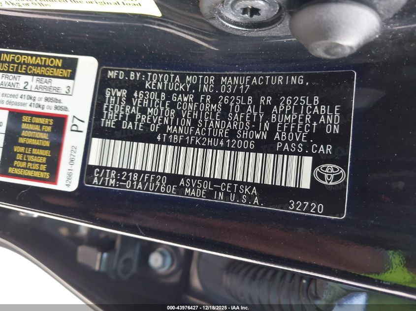 2017 Toyota Camry Se VIN: 4T1BF1FK2HU412006 Lot: 43976427