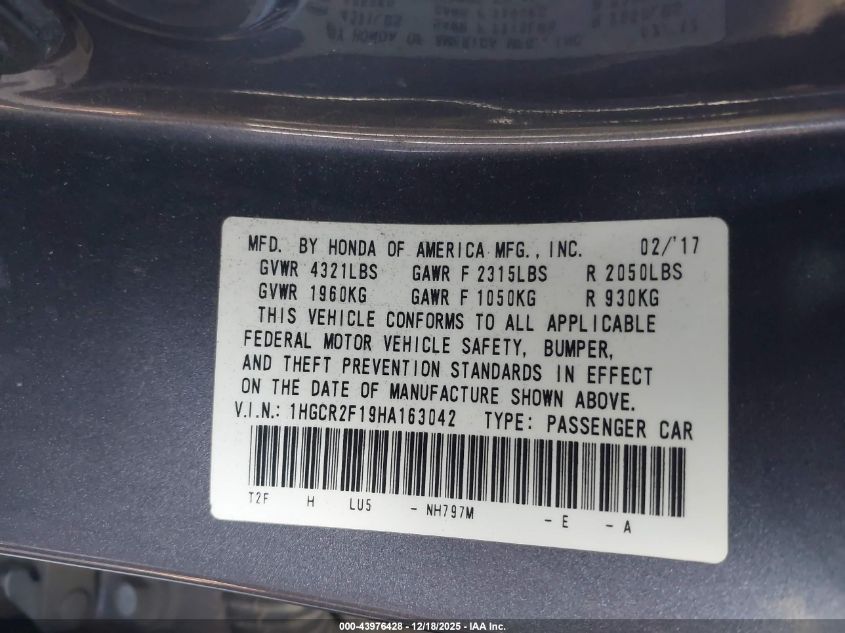 2017 Honda Accord Sport Se VIN: 1HGCR2F19HA163042 Lot: 43976428