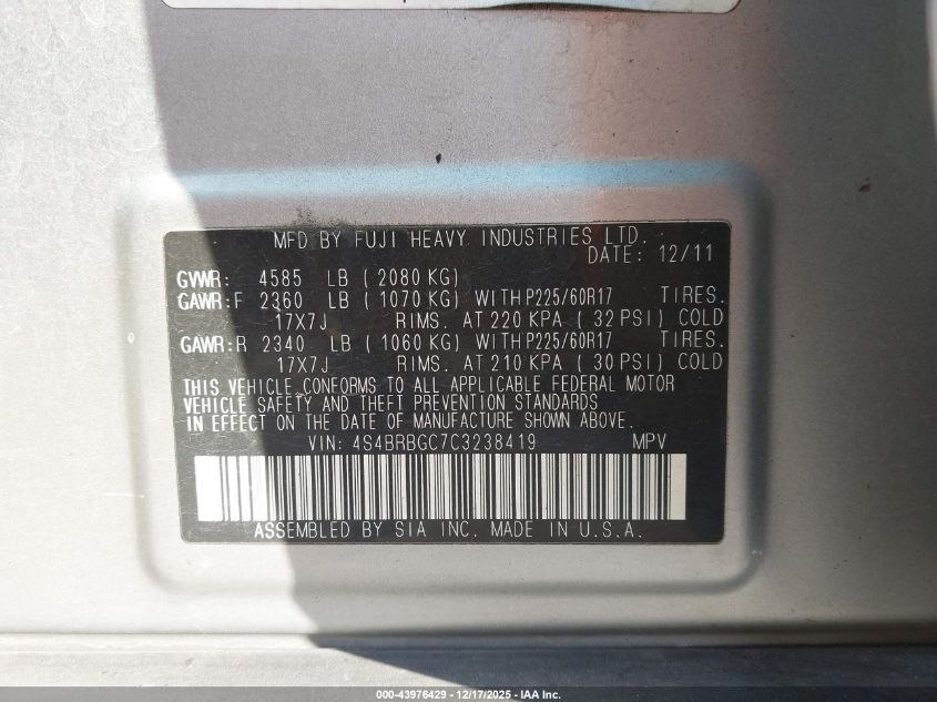 2012 Subaru Outback 2.5I Premium VIN: 4S4BRBGC7C3238419 Lot: 43976429