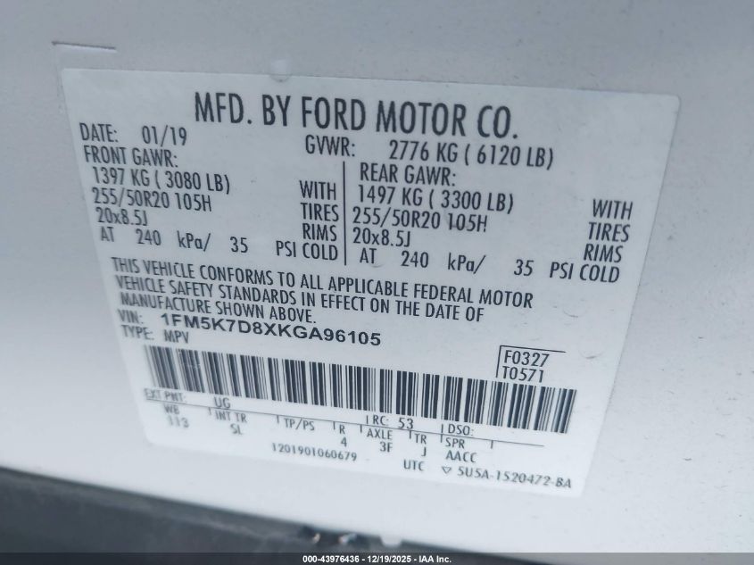 2019 Ford Explorer Xlt VIN: 1FM5K7D8XKGA96105 Lot: 43976436