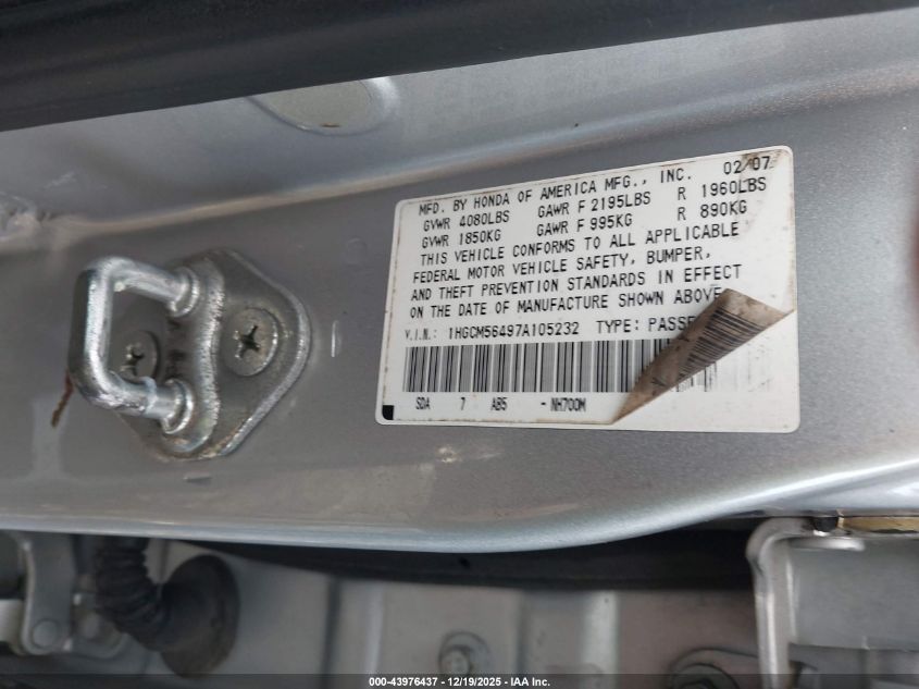 2007 Honda Accord 2.4 Lx VIN: 1HGCM56497A105232 Lot: 43976437
