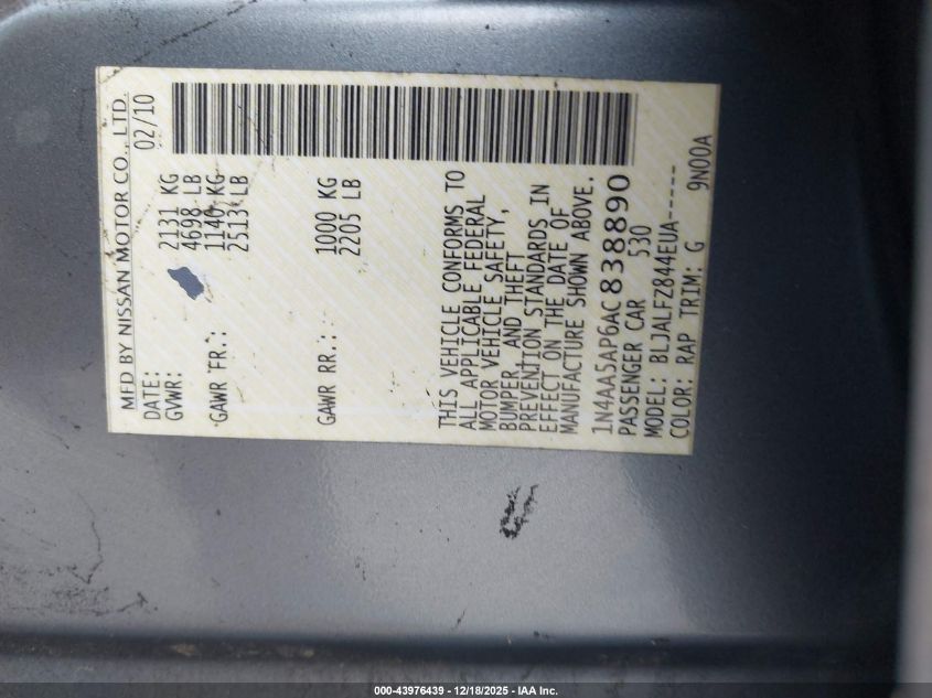 2010 Nissan Maxima 3.5 Sv VIN: 1N4AA5AP6AC838890 Lot: 43976439