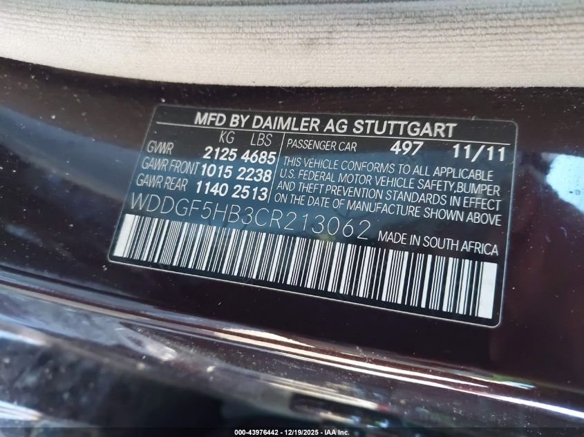 2012 Mercedes-Benz C 350 Sport VIN: WDDGF5HB3CR213062 Lot: 43976442